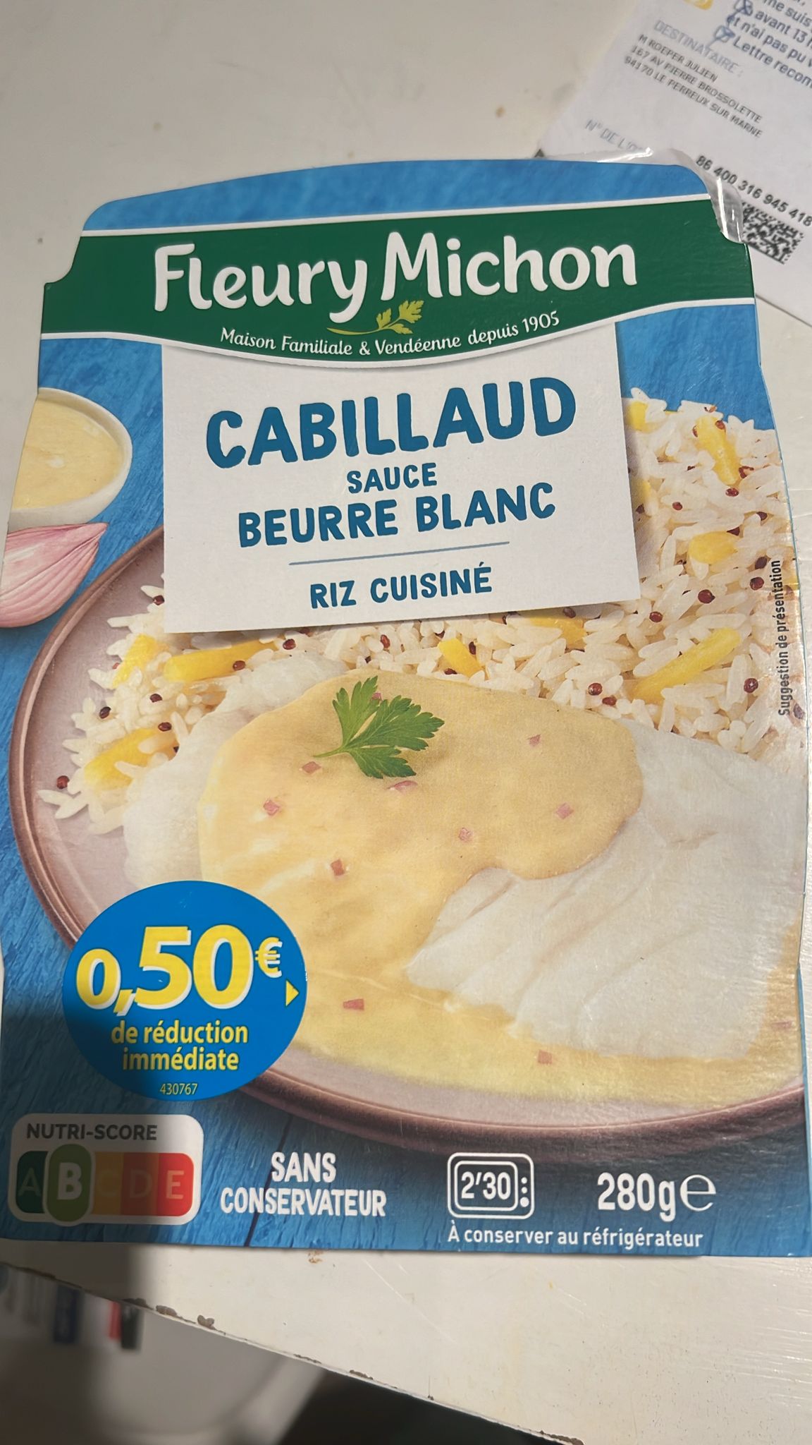 Cabillaud sauce beurre blanc, riz Fleury Michon