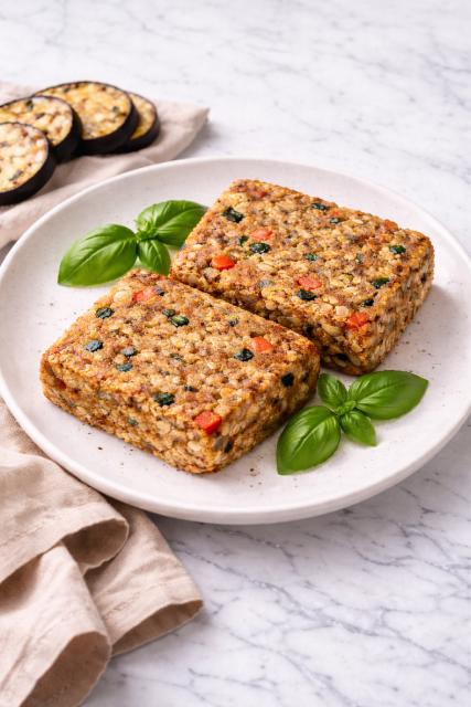 CARRÉS DE BLÉ aubergine, poivron, basilic