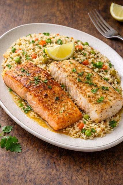 Duo de poissons, riz cuisiné