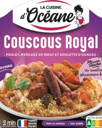 Plat cuisiné couscous royal poulet, merguez de bœuf et boulette d'agneau CUISINE OCEANE