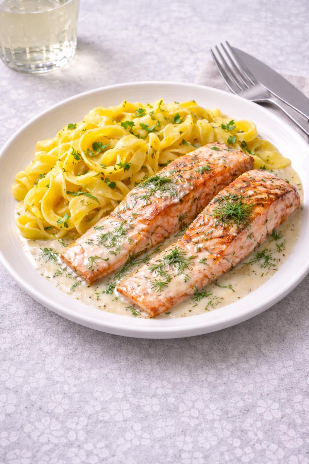 Saumon à l'aneth et tagliatelles aux œufs