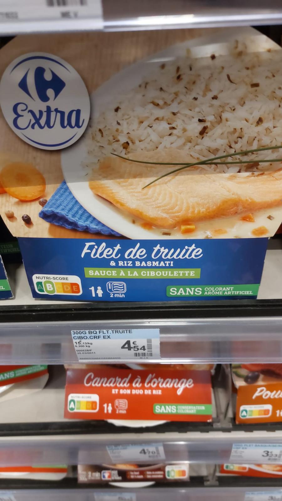 Filet de truite et riz basmati matin, sauce à la ciboulette Carrefour
