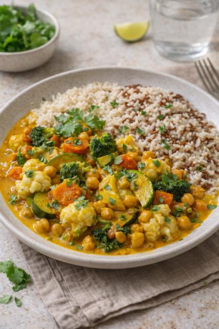 Curry de légumes et pois chiches, duo de riz