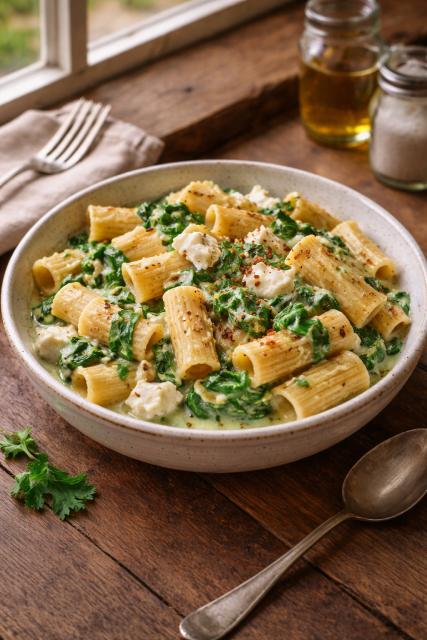 Pâtes rigatoni au chèvre et épinards à la crème