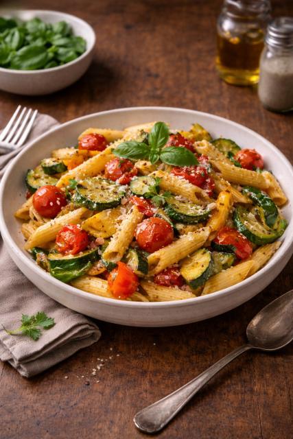 Penne aux légumes et basilic