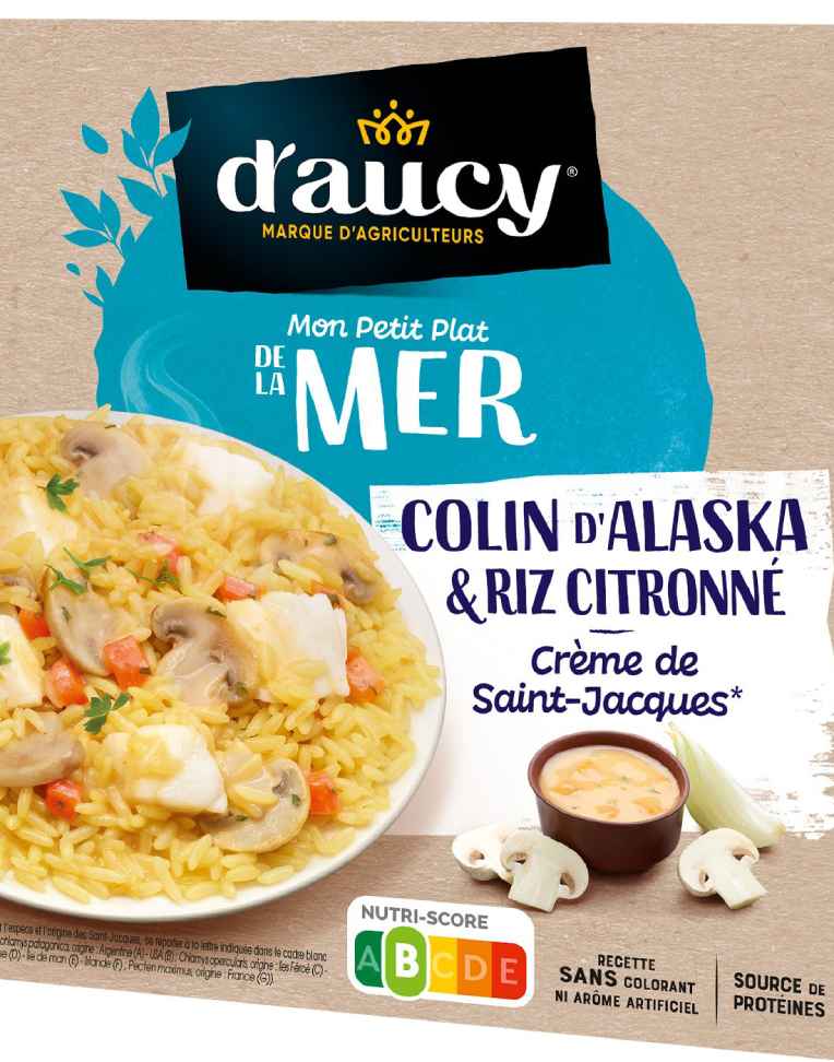 Plat Cuisiné colin d'alaska a la crème de st jacques et son riz citronne D'AUCY