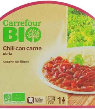 Plat cuisiné bio chili con carne et riz CARREFOUR BIO