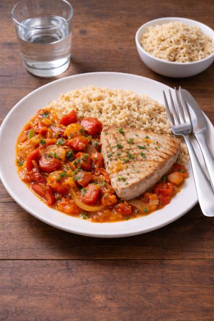 Thon basquaise, légumes et riz complet